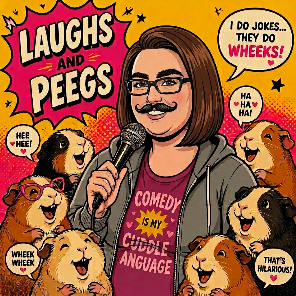 Lela Bubu performing comedy surrounded by giggling guinea pigs